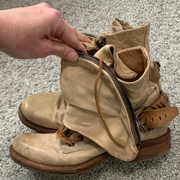 A.S. 98 Wasteland Cream Fold Over Leather Ankle Combat Boots Size 38 - Picture 4 of 8